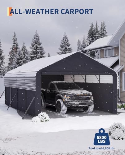 Image of GarveeLife 12x20x9 ft Metal Carport, Enclosed Car Ports | Removable 220 g Tarp / Gable End Doors and Sidewalls, for Full-Size Pickup Trucks, Bass Boats, and Tractors