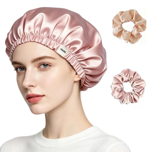 CAVIXO Bonnet de nuit en satin double couche ajustable, cheveux bouclés naturels, inclus 2 chouchous, Rose