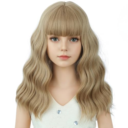 Image of Ash Blonde Wig Short Blonde Wavy Curly Wigs Wig with Air Bangs Synthetic Cosplay Hair Wigs