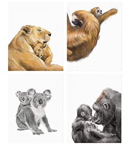 Triple Studio Safari Nursery Decor - Baby Animals with Moms, Gender Neutral Jungle Theme Bedroom, Noah's Ark, UNFRAMED, Signed by Artist (8x10