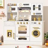 BIERUM Wooden Play Kitchen for Kids Ages 3-8 with Lights & Sounds, Pretend Play Kitchen Set with Stove, Ice Maker, Coffee Maker, Oven & Accessories, Toddler Kitchen Playset for Boys and Girls (White)