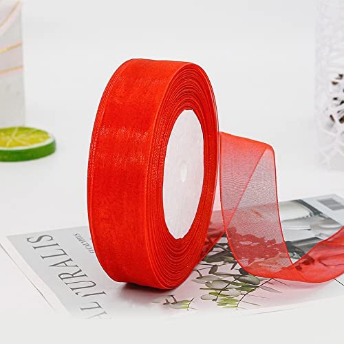 CENPEK 2 Rolls Sheer Chiffon Ribbon Organza Satin Ribbons Boxes Transparent Ribbon for Craft Wrapping Sewing Bouquet Gift Party Decorations 25mm x 45m(Red) - Image 4