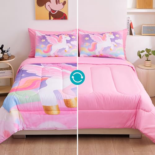 Image of Queen Bedding Sets for Girls 7 Piece,3D Colorful Unicorn Comforter Set for Girls, Ultra Soft and Fluffy, Pink & Rainbow Bed in a Bag with Comforter Sheets Pillowcase & Sham