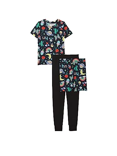Happy Nation Girls 3-Piece Tight Fit Sleep Set, Pure Black Icons