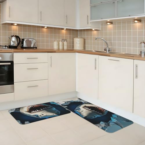 Alfombras de cocina para el suelo con efecto visual 3D de tiburón grande acolchado 3