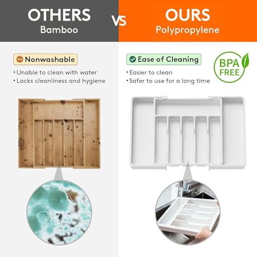 Image of Aroja Utensil Organizer for Kitchen Drawer, Expandable Cooking Silverware Tray, Adjustable Cutlery Flatware Holder, Plastic Spatula Tools Storage Divider (WHITE PACK OF 2)