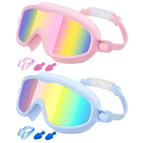 Rantizon Kids Swimming Goggles 2 Pack, Anti Fog&UV Kids Goggles for Boys Girls, No Leak Wide View Swim Goggles for Child 3-14 Pink & Light Blue