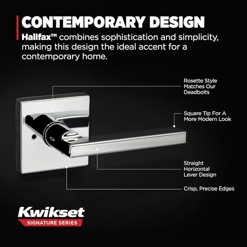 Image of Kwikset Halifax Interior Privacy Door Handle with Lock, Door Lever For Bathroom and Bedroom, Polished Chrome Reversible Keyless Push Button Lock Door Lever