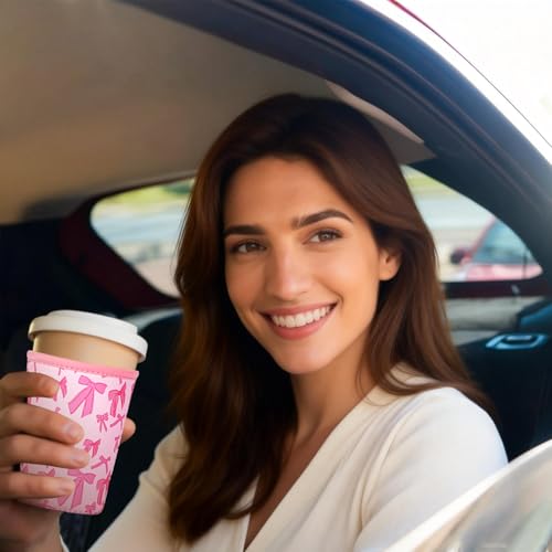 Image of Reusable Insulated Sleeve for Iced Coffee Cup, Coffee Neoprene Sleeve for Cold & Hot Drinks, Beverage Holder for Iced Coffee (Pink Bows, Large: 32oz)