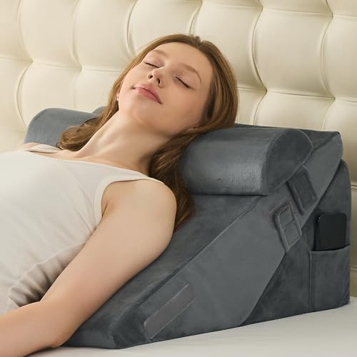 Sasttie Wedge Pillow Set for After Surgery, 3PCS Adjustable Bed Wedge Pillow Headboard with Memory Foam Neck Cushion – for Acid Reflux, Sleeping, Neck & Back Support, Velvet & Dark Grey