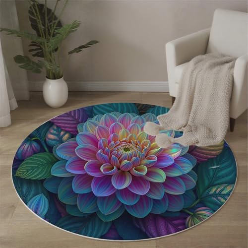Tapis doux à pile courte rond avec dos anti slip et motif dahlia imprimé - 3