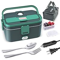 Budth Electric Lunch Box, Portable Food Warmer for Car, Truck, Office, 12V 24V 110V Adapter, Leak Proof, 304 Stainless Steel Container, SS fork & Spoon and Carry Bag (Green Update)