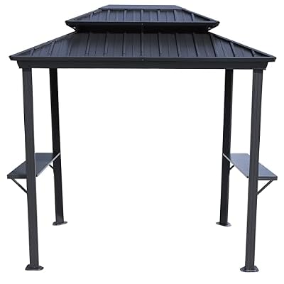 Kozyard 6’ x 8’ BBQ Hardtop Grill Gazebo, Outdoor Barbecue Gazebo with Double Galvanized Metal Roof, Aluminum BBQ Gazebo with 2 Side Shelves for Outdoor Grilling Station (Gray/Hardtop)