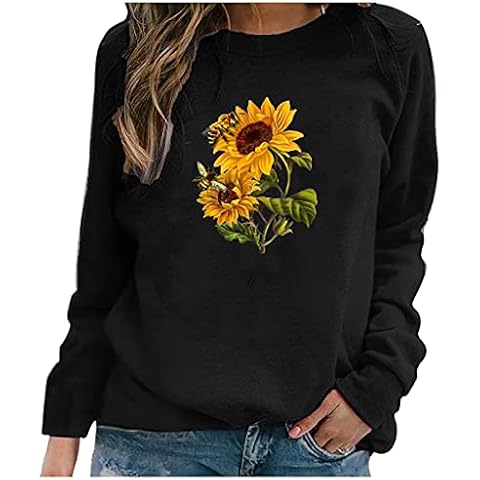 iQKA Women Long Sleeve Crew Neck Sweatshirt Sunflower Letter Print Graphic Shirt Lightweight Pullover Tops Fall Blouse(BBlack,XL) Cover