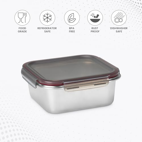 Image of MILTON Modulo Steel Square Container with lock lid, Set of 4 (400,800,1440 & 2400 ml)|Airtight & Leakproof|Microwave & Oven safe| Light Weight | School, Office or Picnic use, Silver