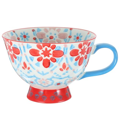HEALEEP Taza de Desayuno de Cerámica Grande Floral Pintada a Mano, Color Azul, Capacidad Amplia para Leche, Agua y Cereales, Taza Redonda Asa, Adecuado para Uso Doméstico