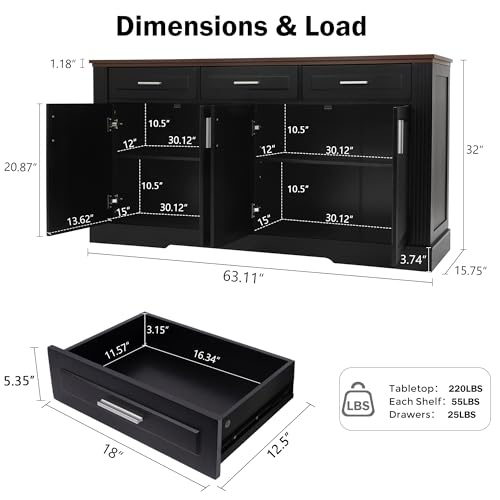 KEIKI 63" Fluted Sideboard Buffet Cabinet with Storage – 4 Doors, 3 Drawers, Adjustable Shelves, Kitchen Buffet, Cabinet for Dishes, Kitchen Console Cabinet, Black