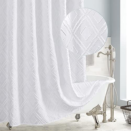 Gibelle White Tufted Shower Curtain For Bathroom, Modern Farmhouse Boho Shabby Chic Textured Soft Fabric Shower Curtain Set With Hooks, 3D Look Diamond Design, 72X72 #TOP12