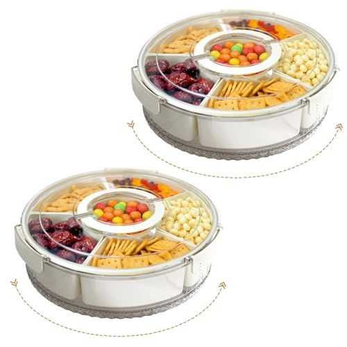 DAWNTREES 2 Pack Snackle Box,Divided Rotating Serving Tray with Lid and Handle - Charcuterie Container for Portable Snack Platters - Clear Organizer for Candy, Snacks (2)
