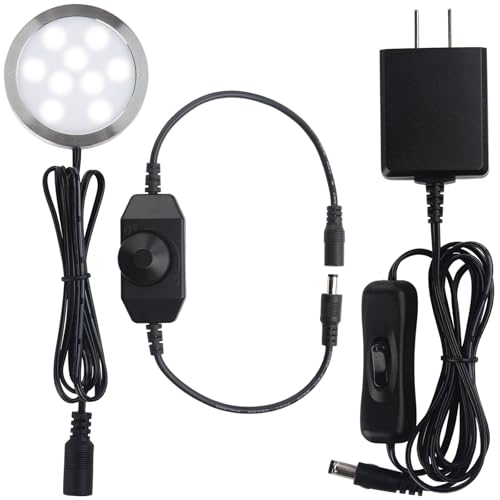 Image of Under Cabinet Lighting, Single LED Puck Light for Kitchen Counter Cabinet Closet Accent Lighting, Rotary Dimmer Switch, 120VAC Plug in, Black Cord, Cool White