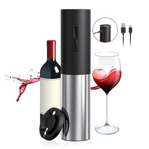 Electric Wine Opener Rechargeable, Automatic Wine Bottle Openers with Foil Cutter and USB Cable, Gift Wine Corkscrew for Home Kitchen Party Bar - Stainless Steel, One-click Button