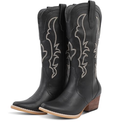 RLW Cowboy Boots for Women Cowgirl Boots Classic Knee-High Western Boots Pointy Toe with Comfortable Chunky Heel