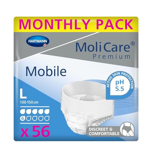 MoliCare Premium Mobile Einweg-Inkontinenzhosen: für Damen und Herren mit Inkontinenz; 6 Tropfen, Größe L, 4 Packungen mit je 14 Paar (56 Stück)