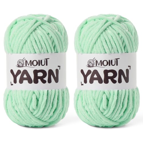 Image of 2 Pack Fluffy Chenille Yarn for Crocheting, Chunky Velvet Yarns for Crochet Amigurumi, Baby Yarn for Crocheting Soft Blanket, 174.9yds /7 oz Bulky Yarns for Crafts /Hats /Shoes /Socks (2 Mint Green)