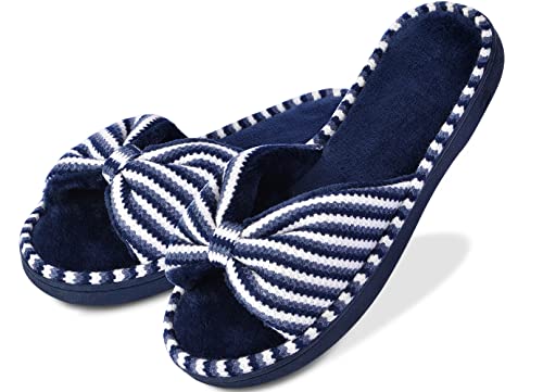 DL Women's Memory Foam Open Toe Slide Slippers with Cute Bow and Cozy Terry Lining, Slip-on House Shoes Spa Mules Sandals with Indoor Outdoor Rubber Sole, Navy, 5-6