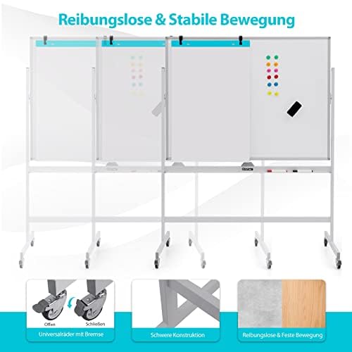 FANTASK Doppelseitiges mobiles Weißtafel, 120 x 90 cm, höhenverstellbares magnetisches rollendes Whiteboard mit Rädern & Ständer