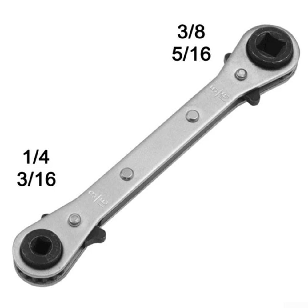 Chiave a cricchetto quadrata a doppia testa per apparecchiature di refrigerazione con aperture da /4" 3/8" 5/16" 3/16" in acciaio al carbonio cromato per HVAC e (bianco piatto)