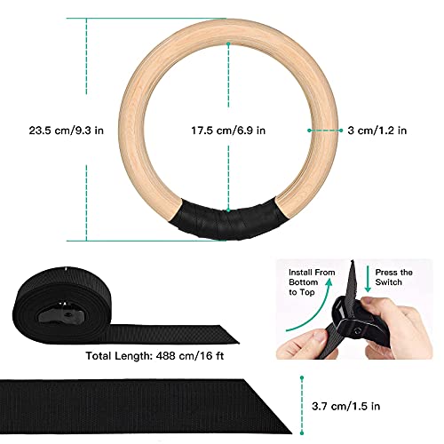 Unicli Sports Gymnastic Rings With Adjustable Straps - 1.2Inch 1500Lbs Wooden Olympic Rings - 16.5Ft Numbered Straps - Home Gym Full Body Workout #TOP1