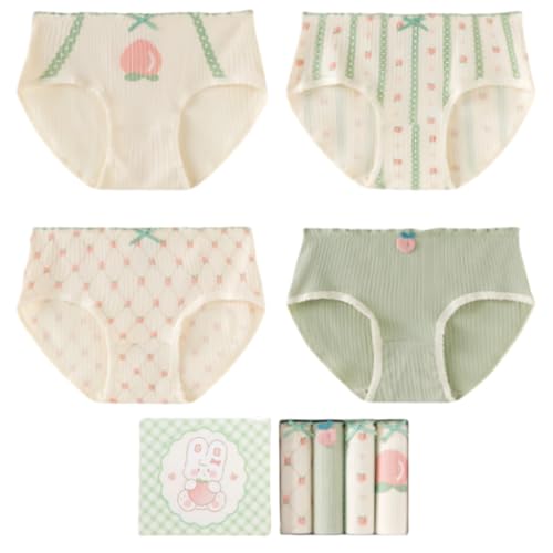 Korean Cotton Frilly Panties for School Girls Teens,Cute Fruit Print Briefs Ruffled Trim Mid Waist Underwear,4-Pack