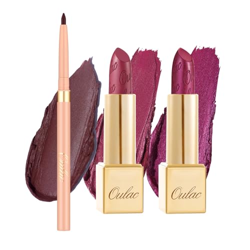 OULAC Set de Pintalabios Morado Brillo Metálico y Perfilador, Larga Duración, Barras de Labios de Alta Pigmentación y Cobertura Total, Fórmula Cremosa e Hidratante, Vegan 3PCS