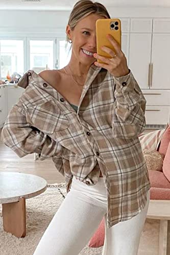CHYRII Women's Casual Flannel Plaid Shacket Button Down Long Sleeve Shirt Jacket Coats2