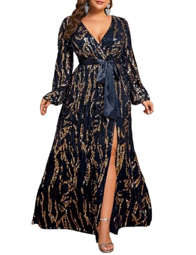 Women's Plus Sized Long-Sleeved Sequined Dress V-Neck Design high Slit Oversized Skirt Formal Ball Gown Party Evening Dress Navy Blue