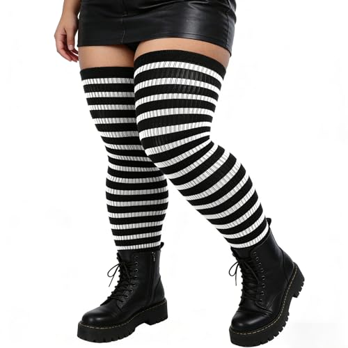 Image of DRESHOW Plus Size Thigh High Socks Striped Over Knee Long Boot Stockings Knee High Tube Socks Leg Warmers for Women