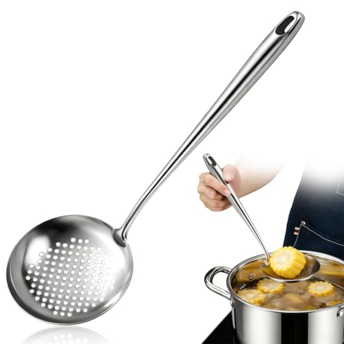 Cucchiaio di schiuma in acciaio inox, skimmer, schiumarola, setaccio a maglia fine con manico lungo, mestolo, cucchiaio per filtrare, colino, colino da cucina