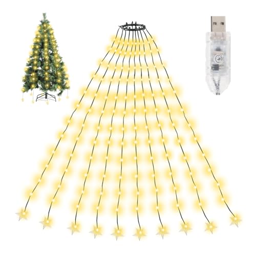 SALCAR Weihnachtsbaum-Lichterkette, 2 m x 10 Stränge, 200 warmweiße LED-Lichterketten für 1,8-2,4 m Weihnachtsbäume, USB-betrieben mit 8 Modi, Timer, Speicher, einfache Installation für Innen- und