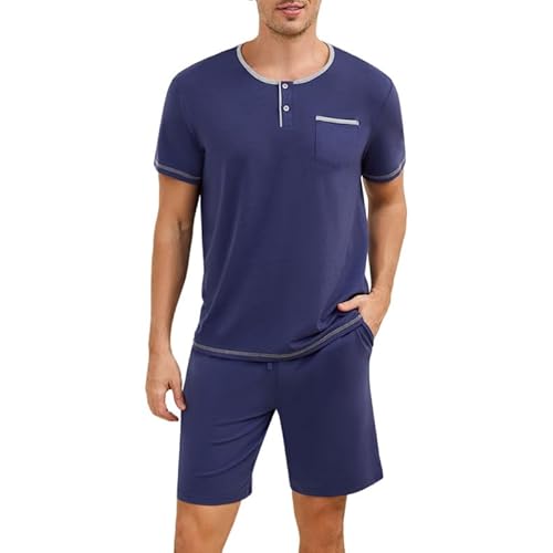 Marvmys Mens Pajama Sets Cotton Pajamas Short Sleeve Henley Pjs Summer Sleepwear Soft Sleep Set with Pockets S-3XL