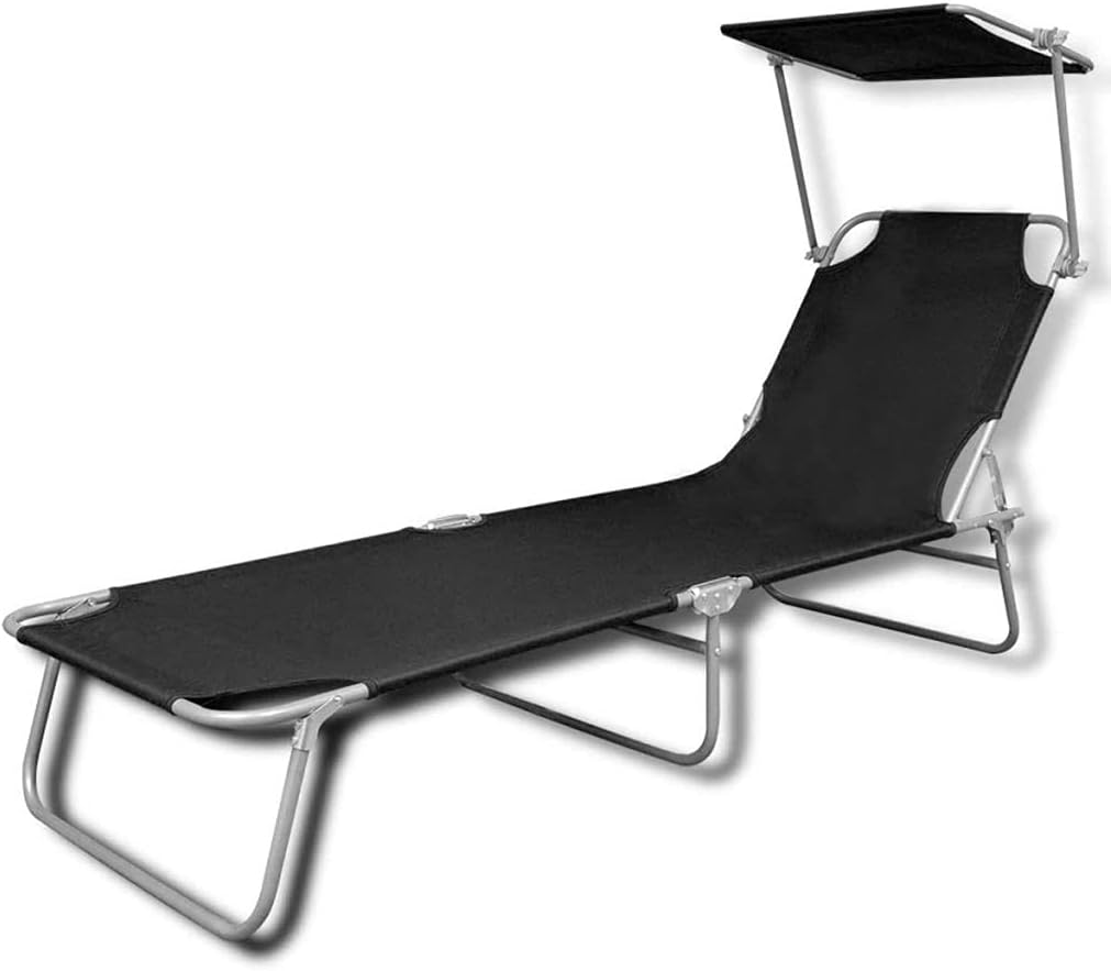 Folding Sun Lounger with Canopy Steel and Fabric Black Adjustable Outside Patio Sunlounger.Outdoor Garden Lounge Chair
