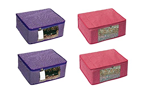 Image of with Transparent Window Set| Bag Clothe|Cotton Saree Cover Closet Orgnizer /Saree Bags for Wardrobe Orgnizer Clothe Covers |Suit Bag| Cover (Pack of 4, Pink + Purple)