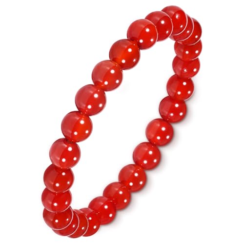 Aluckiss 8mm Red Agate Bracelets for Women Men Natural Agates Round Beaded Stone Healing Bracelet Stretch Elastic Handmade Polished Gemstone Beads Bracelet