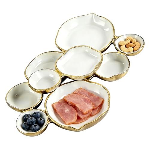 szaluyk Bandeja para servir con 9 compartimentos, placa antipasti, bandeja rectangular de metal para aperitivos, queso y entrantes, bandeja decorativa para servir, blanco y dorado, 43 x 30 cm, para