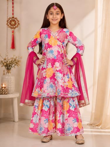 Image of Preneum Girls's Ethnic Cotton Bandhani & Lehariya Printed 3 /4 Sleeves Gotta Patti Angrakha Kurta with Sharara Set