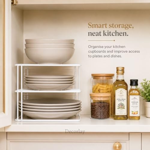 Image of Decorlay 3-Tier Kitchen Plate Rack Metal Dish Organizer | Space Saving Bartan Stand for Plates, Bowls, Cups & Utensils | Countertop Storage Rack | White