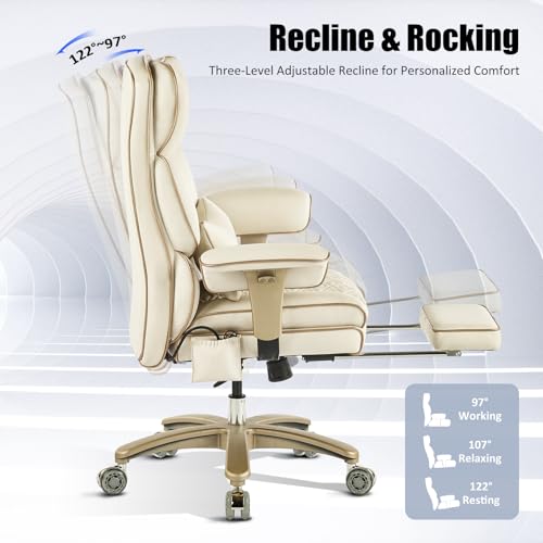 Image of Leather Office Chair with Footrest, High-Back Executive Office Chair with Adjustable Lumbar Support, Luxury Desk Chair with Silent Wheels Rocking 360 Swivel, Height Adjustment,Beige