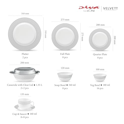 Image of La Opala Diva Velvett Collection Opal Glass Crockery | for Family of 8 | Dinner Set 62 pcs Tudor Grey | Plates & Bowls for Dining | Microwave Safe | 100% Vegetarian | Extra Strong | Light & White