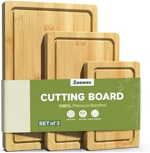 3-Piece Set Bamboo Cutting Board for Kitchen - Crack-Resistant Wo...