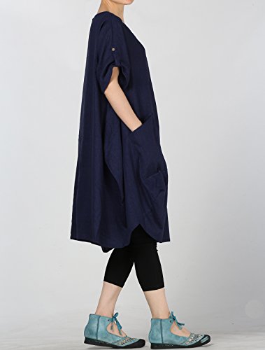Mordenmiss Women's Cotton Linen Dresses Plus Size Summer Roll-up Sleeve Baggy Sundress with Pockets M Blue